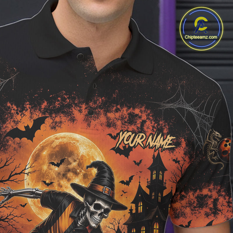 Halloween Bowling Shirt Personalized Name Skull Skeleton Bowling Shirt For Men NHT1377