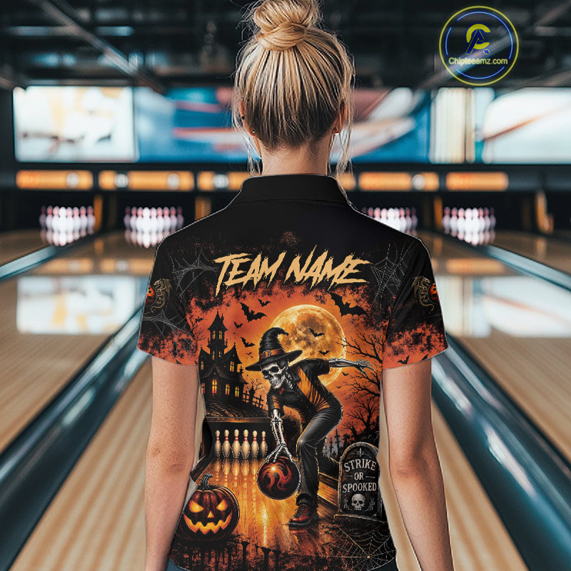 Halloween Bowling Shirt Personalized Name Skull Skeleton Bowling Shirt For Women NHT1377