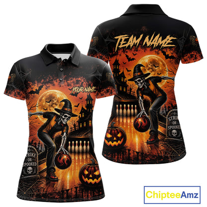 Halloween Bowling Shirt Personalized Name Skull Skeleton Bowling Shirt For Women NHT1377