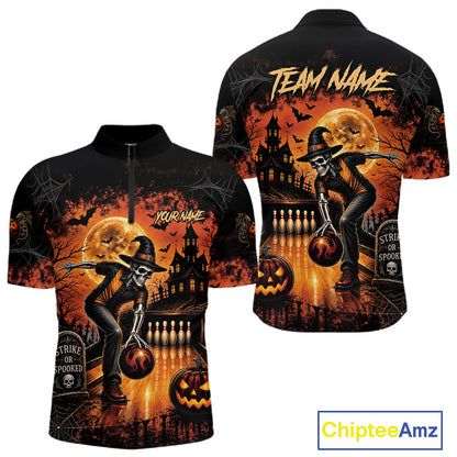 Halloween Bowling Shirt Personalized Name Skull Skeleton Bowling Shirt For Men NHT1377