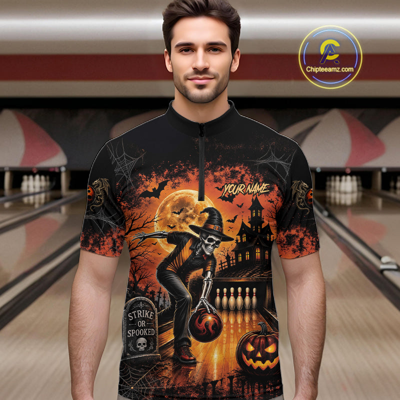 Halloween Bowling Shirt Personalized Name Skull Skeleton Bowling Shirt For Men NHT1377