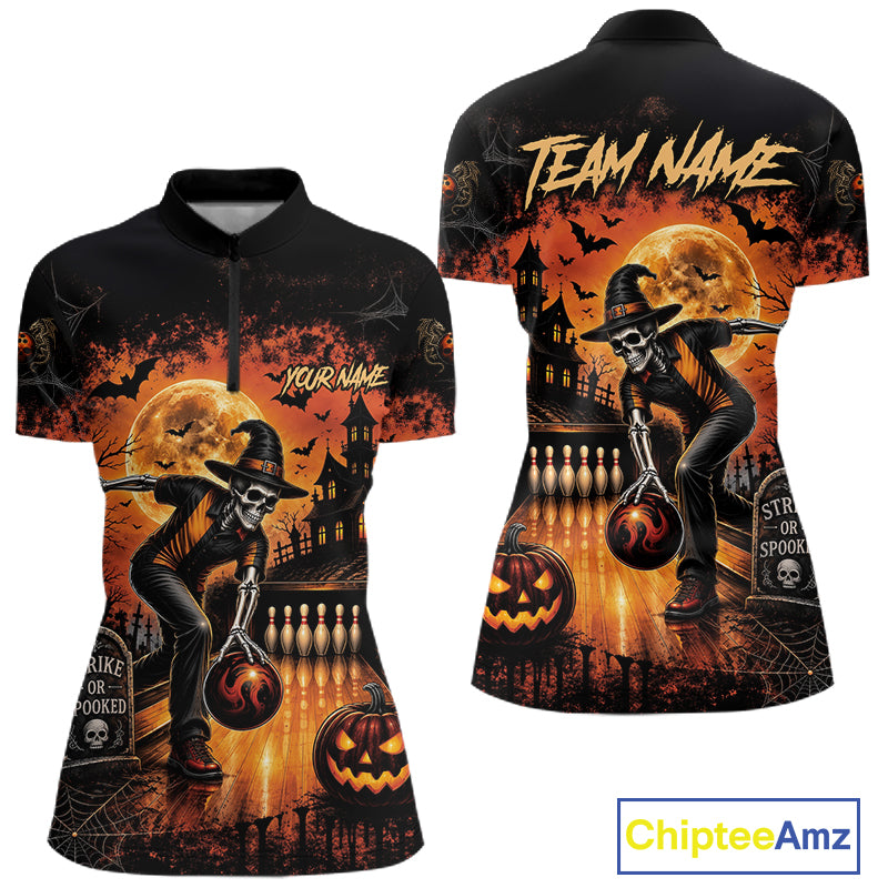 Halloween Bowling Shirt Personalized Name Skull Skeleton Bowling Shirt For Women NHT1377