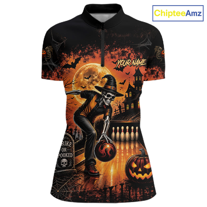Halloween Bowling Shirt Personalized Name Skull Skeleton Bowling Shirt For Women NHT1377