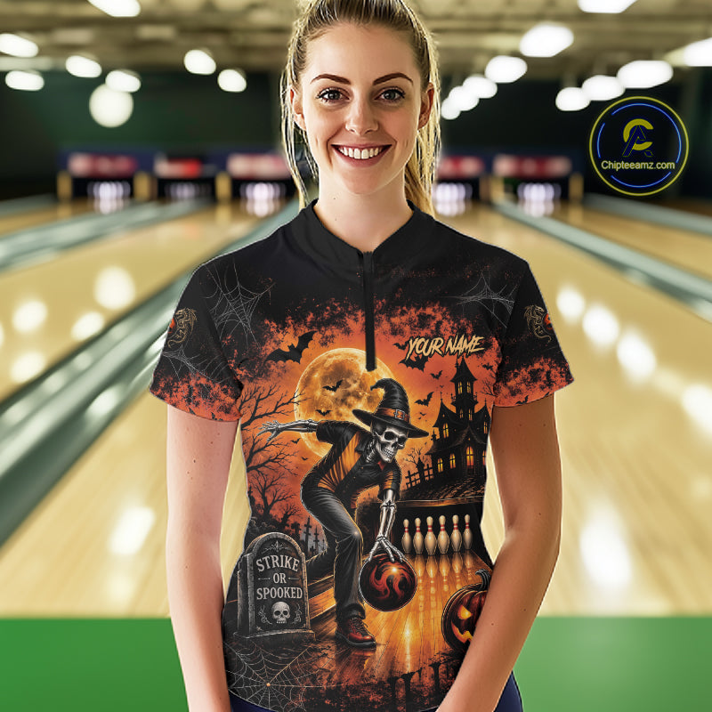 Halloween Bowling Shirt Personalized Name Skull Skeleton Bowling Shirt For Women NHT1377