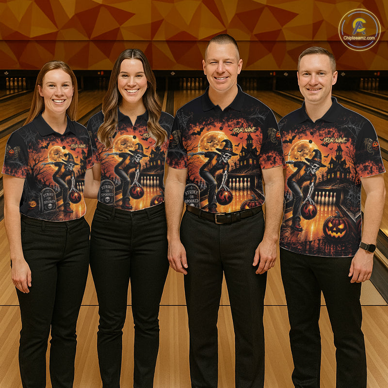Halloween Bowling Shirt Personalized Name Skull Skeleton Bowling Shirt For Women NHT1377