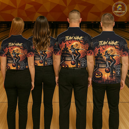Halloween Bowling Shirt Personalized Name Skull Skeleton Bowling Shirt For Women NHT1377