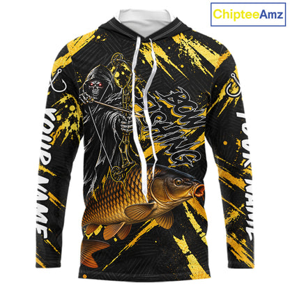 Carp Fishing Shirts Hooded Long Sleeve For Men, Grim Reaper Fishing Apparel, Bowfishing Gift NHT1378
