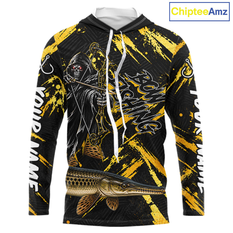 Alligator Gar Fishing Shirts Hoodeds Long Sleeve For Men, Grim Reaper Fishing Apparel, Bowfishing Gift NHT1379