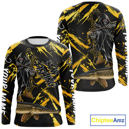 Alligator Gar Fishing Shirts Long Sleeve For Men, Grim Reaper Fishing Apparel, Bowfishing Gift NHT1379