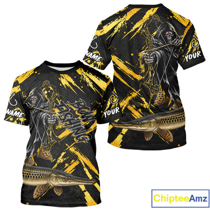 Alligator Gar Fishing Shirts Short Sleeve For Men, Grim Reaper Fishing Apparel, Bowfishing Gift NHT1379