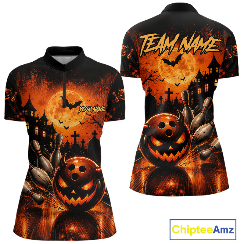 Halloween Bowling Shirt Personalized Pumpkin Bowling Shirt For Women Custom Team Name NHT1380