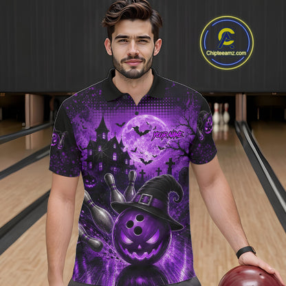 Halloween Bowling Shirt Personalized Purple Pumpkin Bowling Shirt For Men Team Name NHT1381