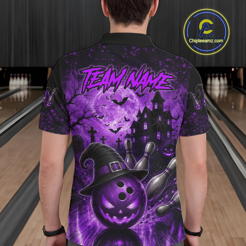 Halloween Bowling Shirt Personalized Purple Pumpkin Bowling Shirt For Men Team Name NHT1381