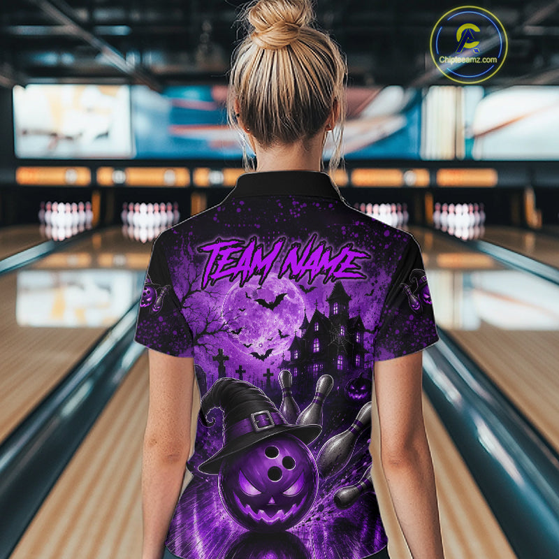 Halloween Bowling Shirt Personalized Purple Pumpkin Bowling Shirt For Women Team Name NHT1381