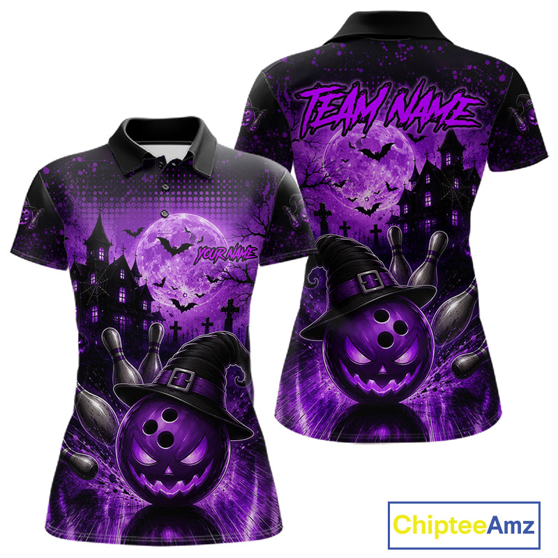 Halloween Bowling Shirt Personalized Purple Pumpkin Bowling Shirt For Women Team Name NHT1381