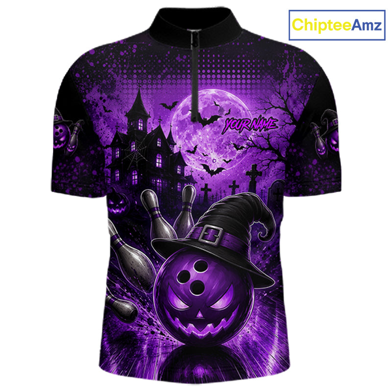 Halloween Bowling Shirt Personalized Purple Pumpkin Bowling Shirt For Men Team Name NHT1381