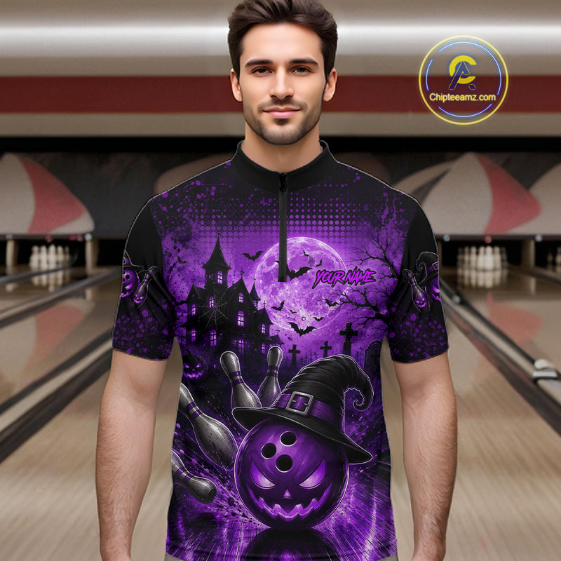 Halloween Bowling Shirt Personalized Purple Pumpkin Bowling Shirt For Men Team Name NHT1381