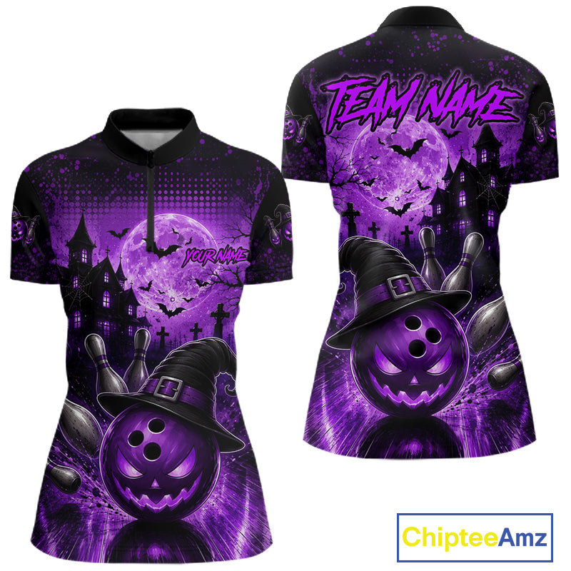 Halloween Bowling Shirt Personalized Purple Pumpkin Bowling Shirt For Women Team Name NHT1381