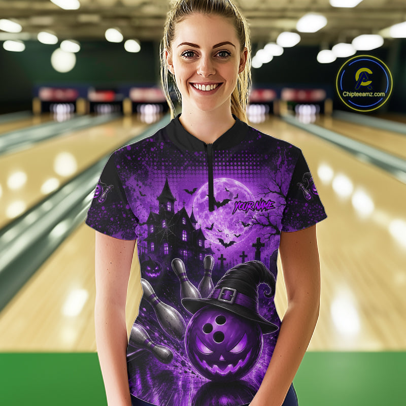 Halloween Bowling Shirt Personalized Purple Pumpkin Bowling Shirt For Women Team Name NHT1381