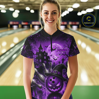 Halloween Bowling Shirt Personalized Purple Pumpkin Bowling Shirt For Women Team Name NHT1381