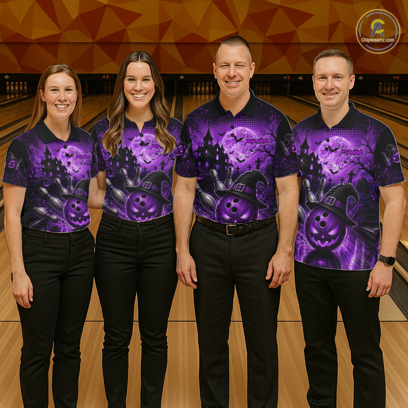 Halloween Bowling Shirt Personalized Purple Pumpkin Bowling Shirt For Women Team Name NHT1381