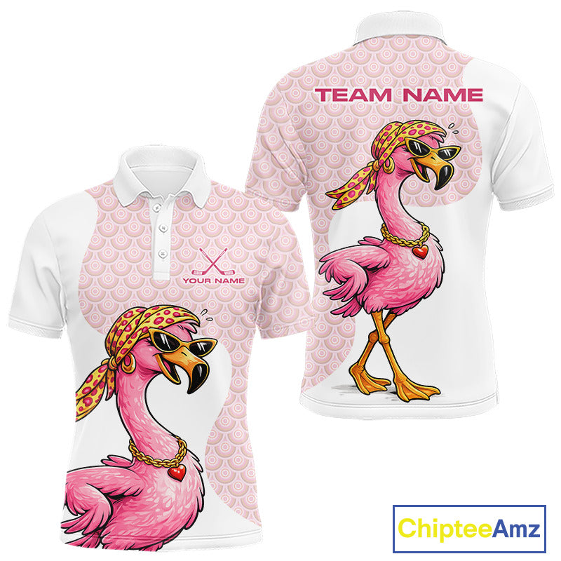 White Pink Mens Golf Shirt Flamingo Golf Funny Custom Team Name Cool Gift For Golfer NHT546