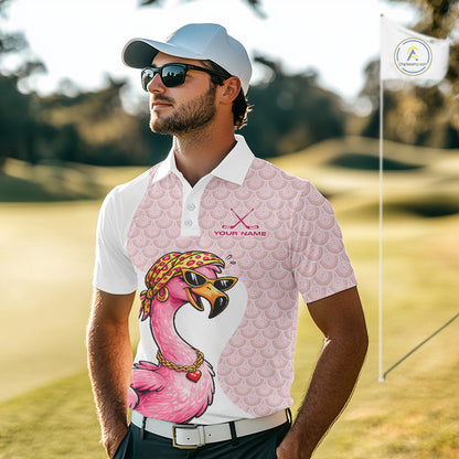 White Pink Mens Golf Shirt Flamingo Golf Funny Custom Team Name Cool Gift For Golfer NHT546