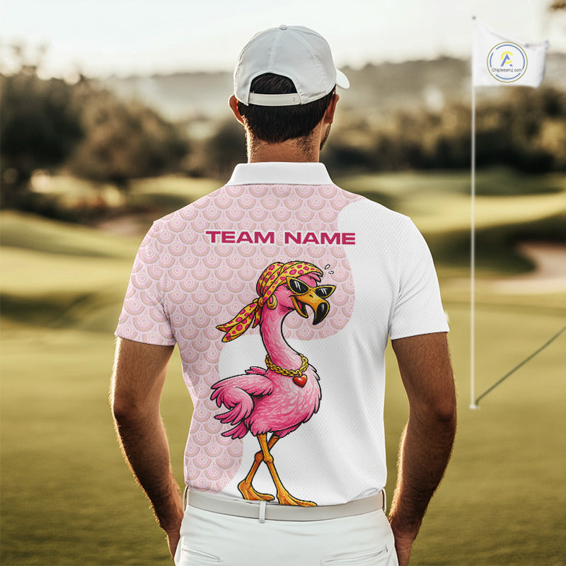 White Pink Mens Golf Shirt Flamingo Golf Funny Custom Team Name Cool Gift For Golfer NHT546