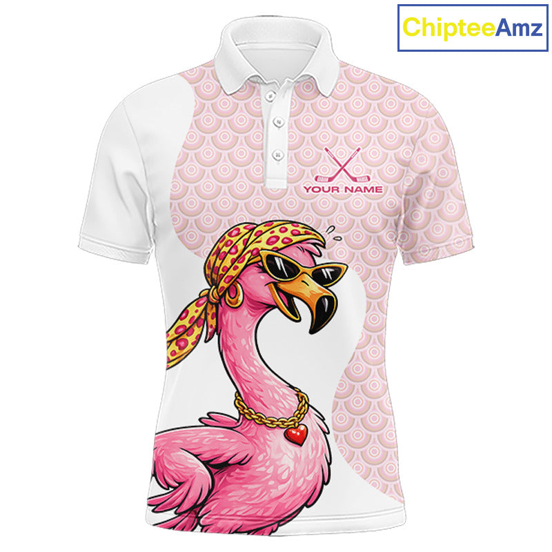 White Pink Mens Golf Shirt Flamingo Golf Funny Custom Team Name Cool Gift For Golfer NHT546