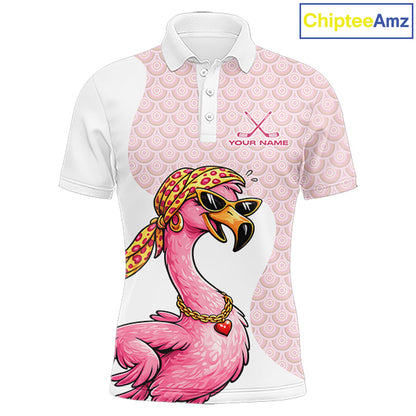 White Pink Mens Golf Shirt Flamingo Golf Funny Custom Team Name Cool Gift For Golfer NHT546