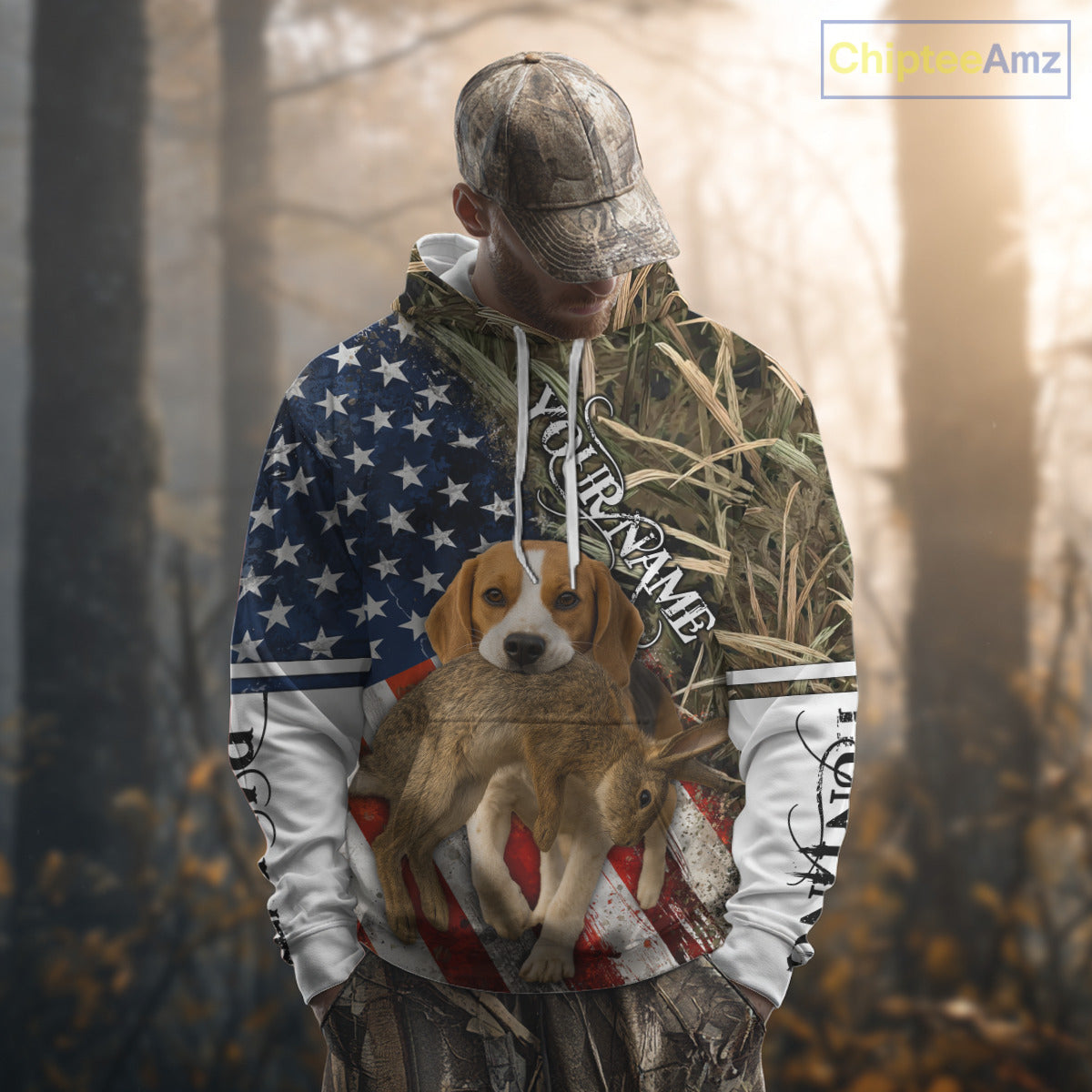 Rabbit Hunting With Beagle 3D US Flag Camo Custom Hunting Shirt, Rabbit Hunting Clothing NHT141