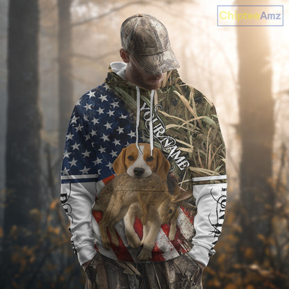 Rabbit Hunting With Beagle 3D US Flag Camo Custom Hunting Shirt, Rabbit Hunting Clothing NHT141