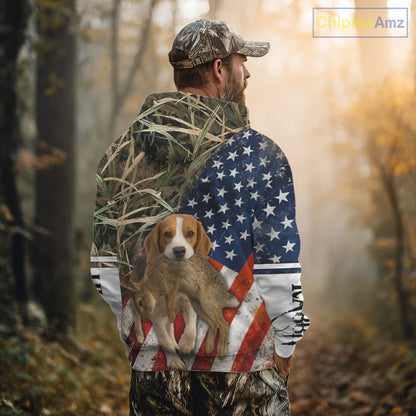 Rabbit Hunting With Beagle 3D US Flag Camo Custom Hunting Shirt, Rabbit Hunting Clothing NHT141