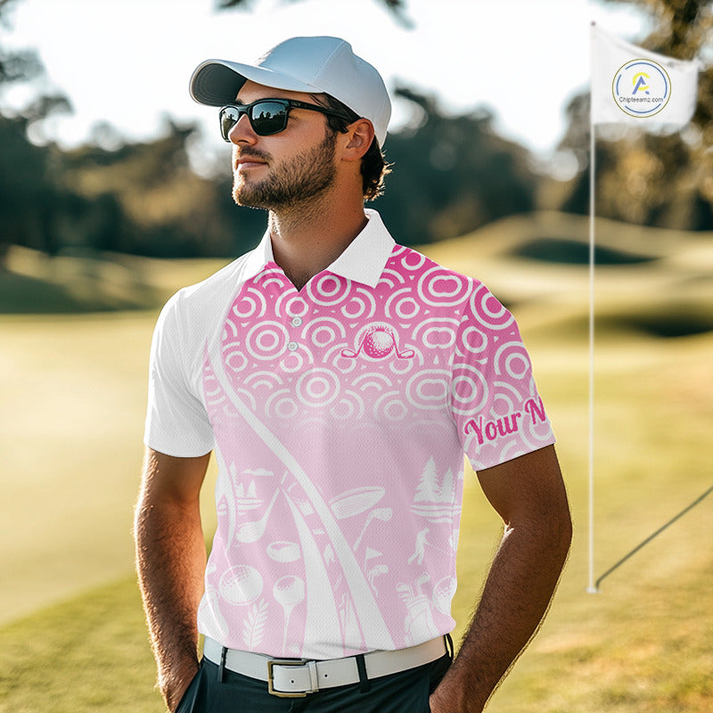 White Pink Golf Pattern Custom Mens Golf Polo Shirt, Best Team Golf Shirt For Mens NHT562