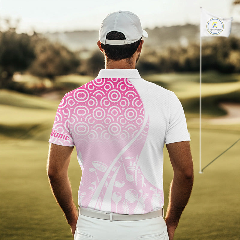 White Pink Golf Pattern Custom Mens Golf Polo Shirt, Best Team Golf Shirt For Mens NHT562