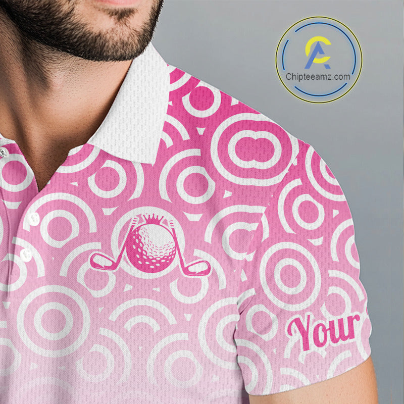 White Pink Golf Pattern Custom Mens Golf Polo Shirt, Best Team Golf Shirt For Mens NHT562