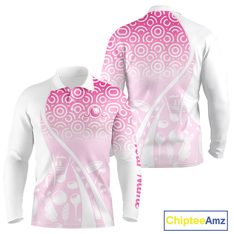 White Pink Golf Pattern Custom Mens Golf Polo Shirt, Best Team Golf Shirt For Mens NHT562