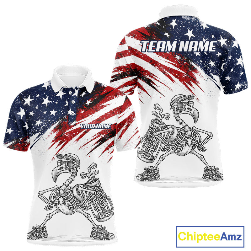 Patriotic Golf Polo Shirt – USA Flag Skull Flamingo Golfer Funny Golf Outfit For Men NHT780