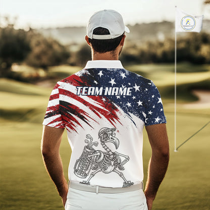 Patriotic Golf Polo Shirt – USA Flag Skull Flamingo Golfer Funny Golf Outfit For Men NHT780