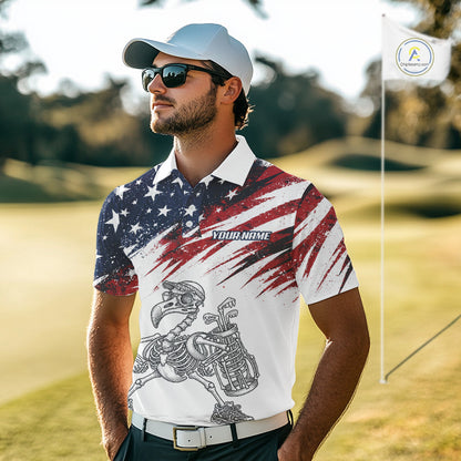Patriotic Golf Polo Shirt – USA Flag Skull Flamingo Golfer Funny Golf Outfit For Men NHT780