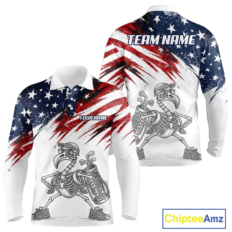Patriotic Golf Polo Shirt – USA Flag Skull Flamingo Golfer Funny Golf Outfit For Men NHT780