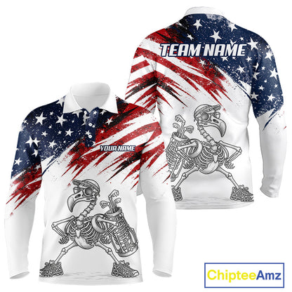 Patriotic Golf Polo Shirt – USA Flag Skull Flamingo Golfer Funny Golf Outfit For Men NHT780