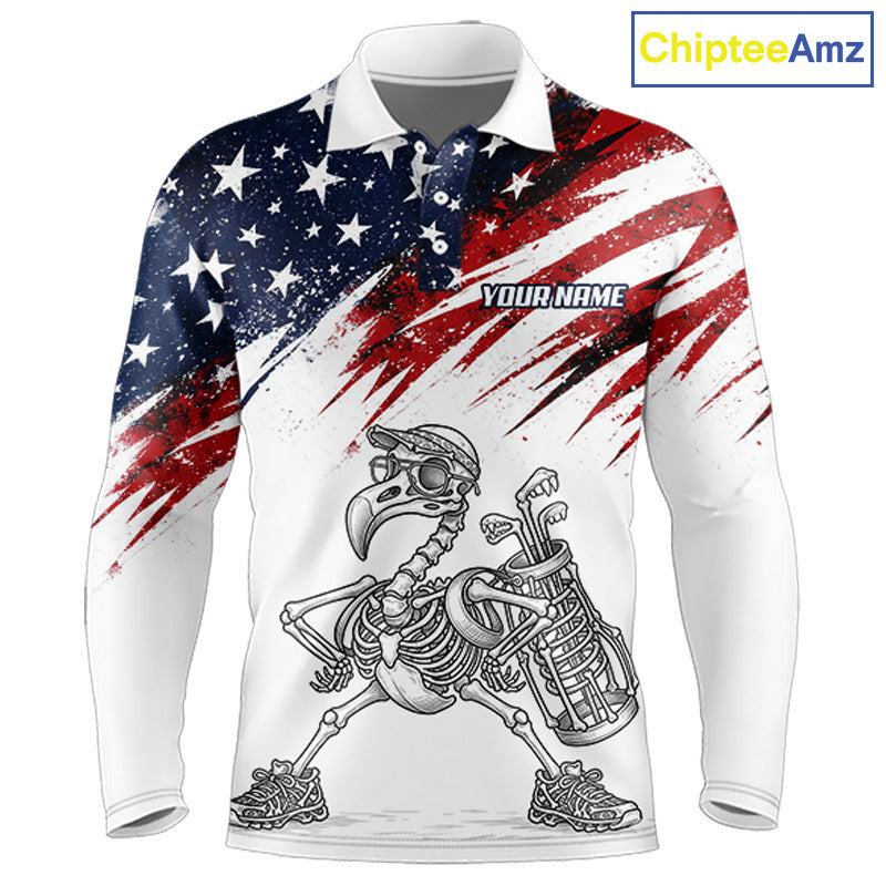 Patriotic Golf Polo Shirt – USA Flag Skull Flamingo Golfer Funny Golf Outfit For Men NHT780