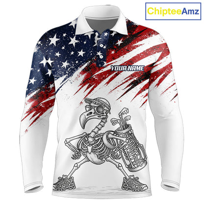 Patriotic Golf Polo Shirt – USA Flag Skull Flamingo Golfer Funny Golf Outfit For Men NHT780