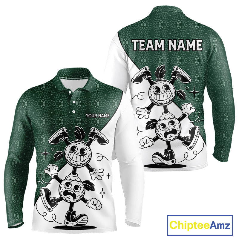 Green White Funny Golf Ball Pattern Mens Golf Polo Shirts Custom Golf Outfits Men, Green Golf Tops NHT784