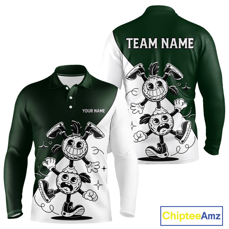 Green White Funny Golf Ball Pattern Mens Golf Polo Shirts Custom Golf Outfits Men, Green Golf Tops NHT785
