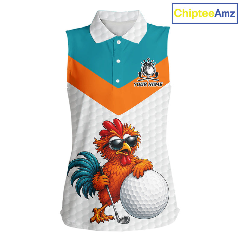 Personalized Cool Rooster Womens Sleeveless Golf Polo Shirt  Custom Name Funny Chicken Golf Shirt