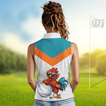 Personalized Cool Rooster With Sunglasses Womens Sleeveless Golf Polo - Custom Name Funny Chicken Golf Shirt NHT954