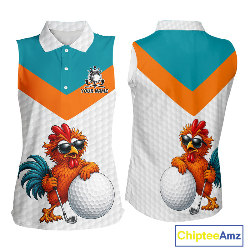 Personalized Cool Rooster Womens Sleeveless Golf Polo Shirt  Custom Name Funny Chicken Golf Shirt