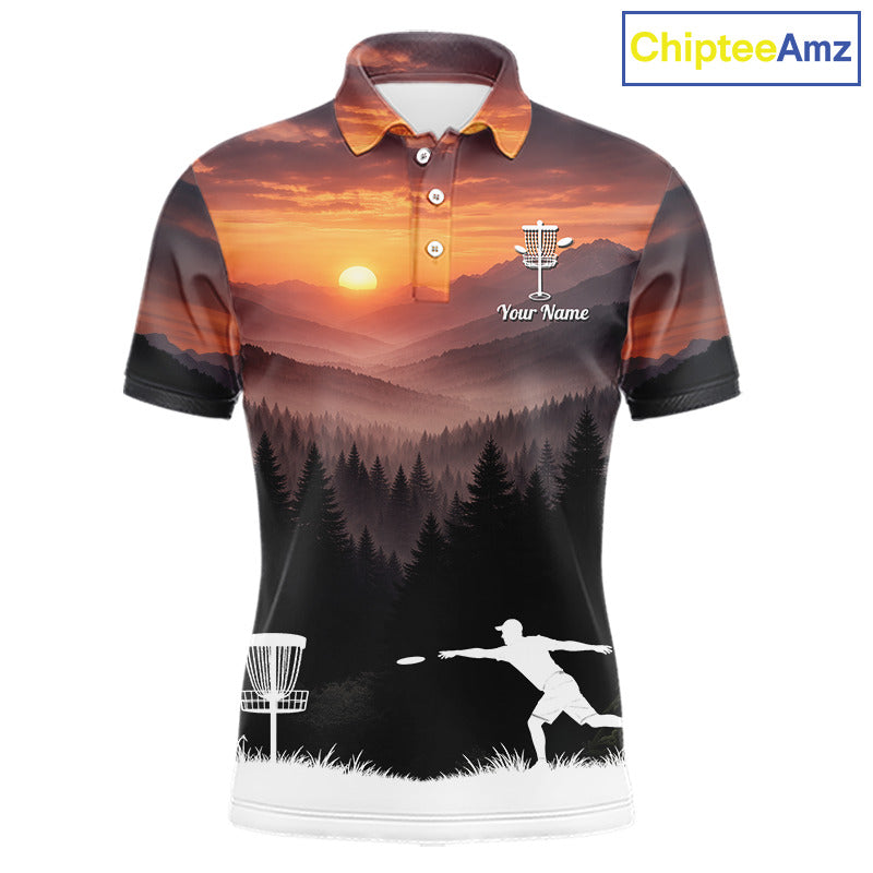 Mens Disc Golf Shirts Custom Mountain Sunset Polo, Lightweight Performance Wear Team Disc Golf Apparel NHT802